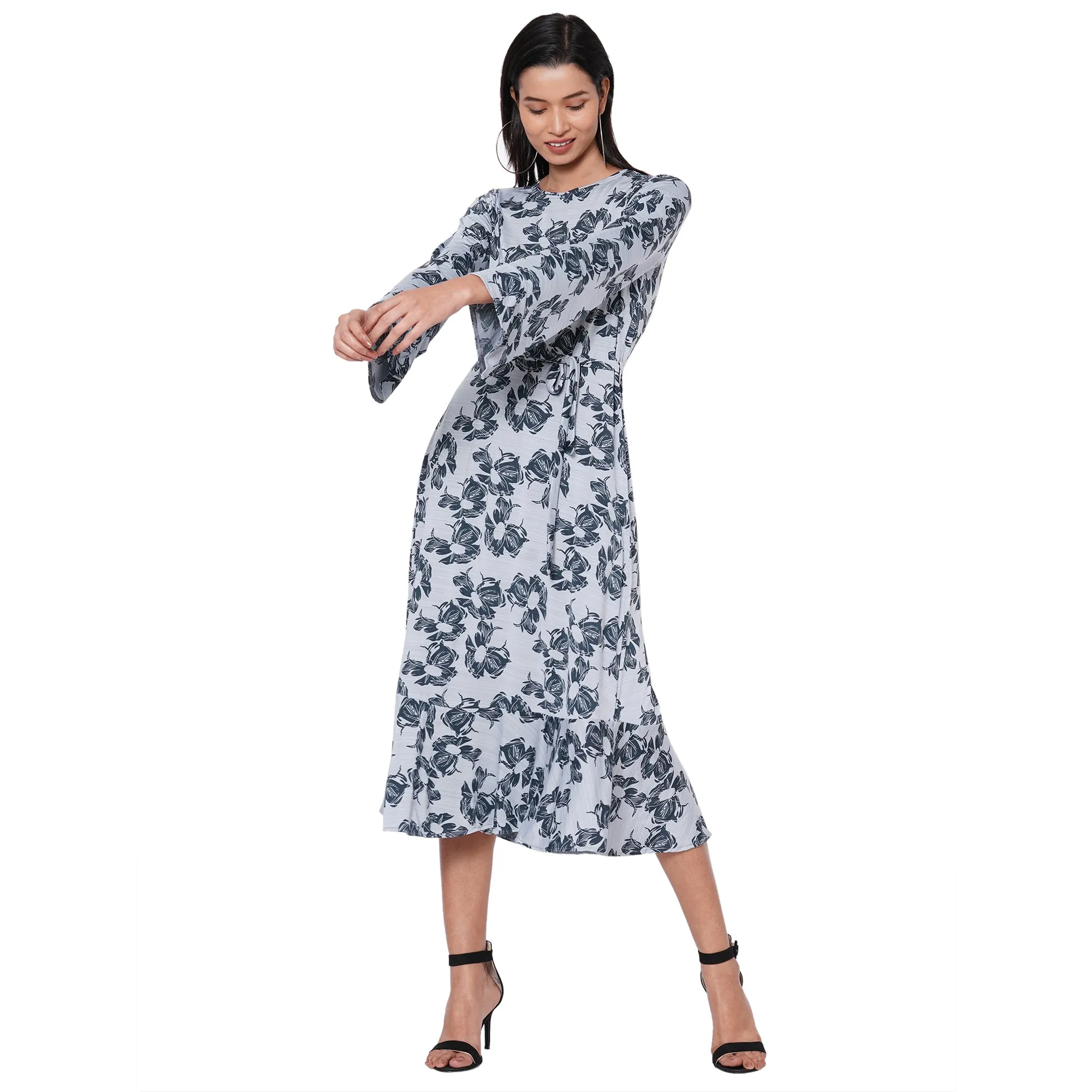 109F Grey Printed Dress With Bell Sleeves