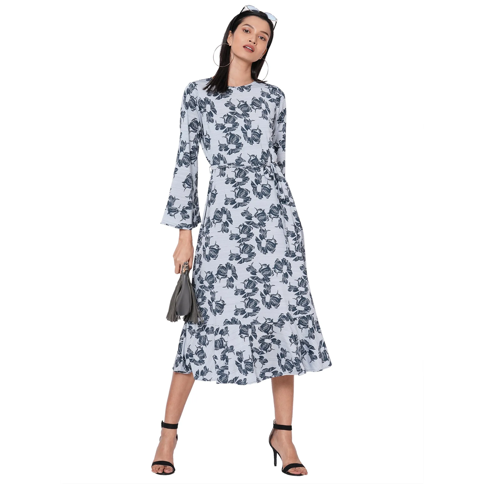 109F Grey Printed Dress With Bell Sleeves