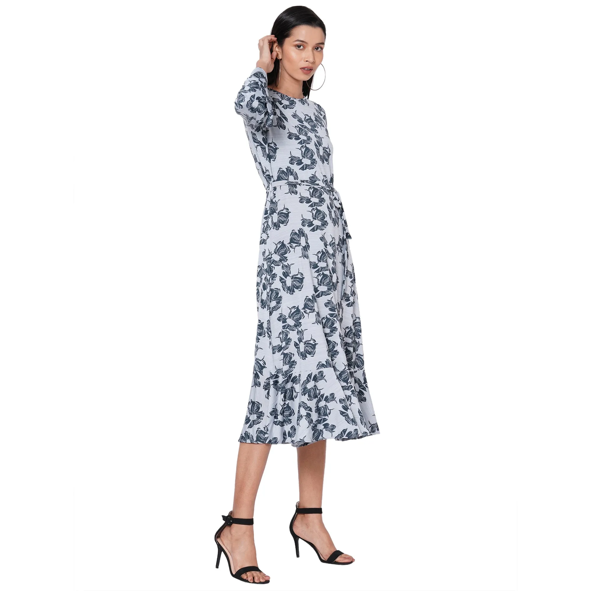 109F Grey Printed Dress With Bell Sleeves