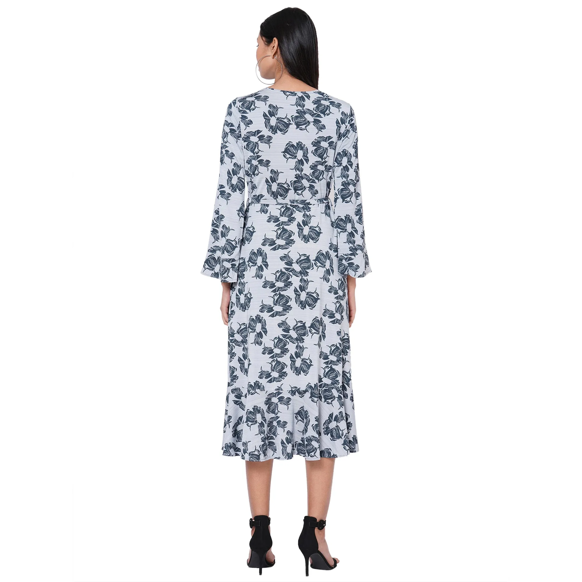 109F Grey Printed Dress With Bell Sleeves