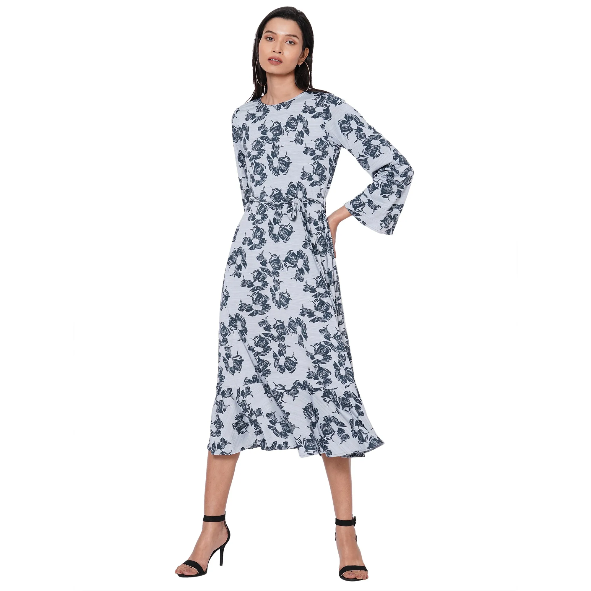 109F Grey Printed Dress With Bell Sleeves