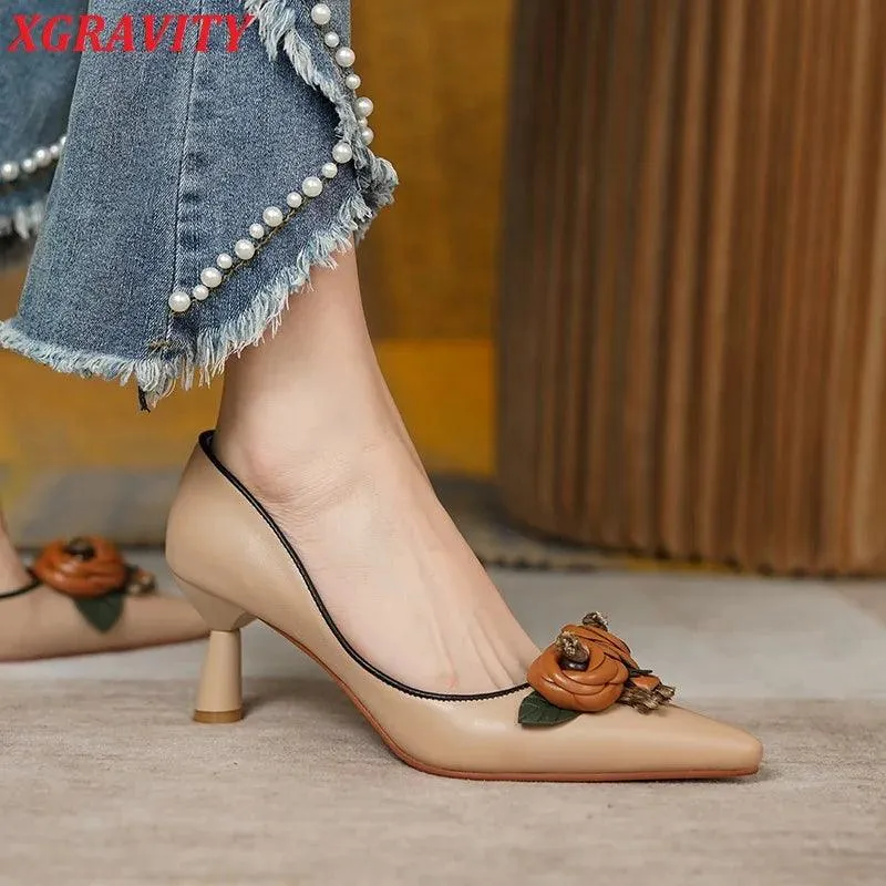 Apricot Elegance Genuine Leather High Heels - Chic Princess Blossom Design