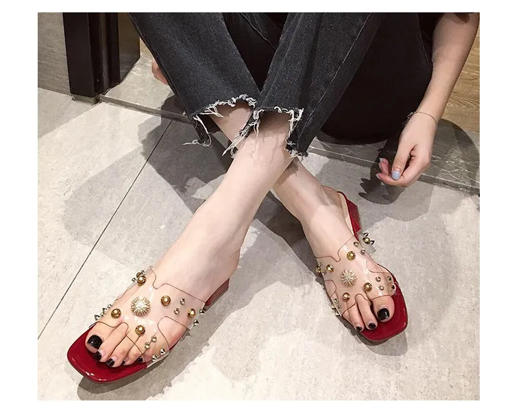 BOOPDO DESIGN CLEAR EMBELLISHED HEELED SANDALS