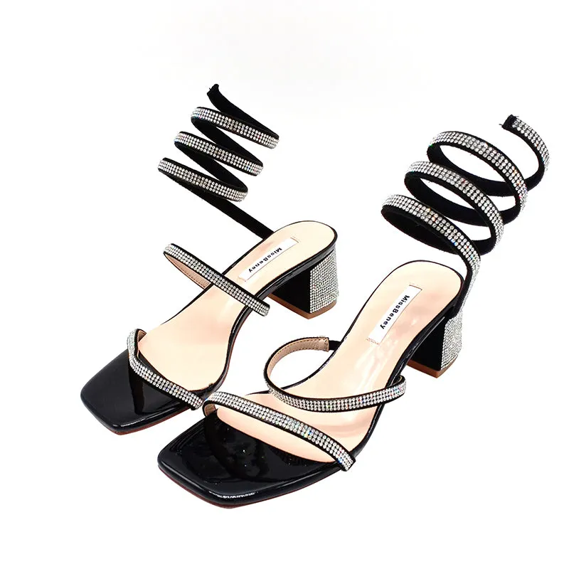 BOOPDO DESIGN DIAMANTE STRAPPY BLOCK HEELED SANDALS