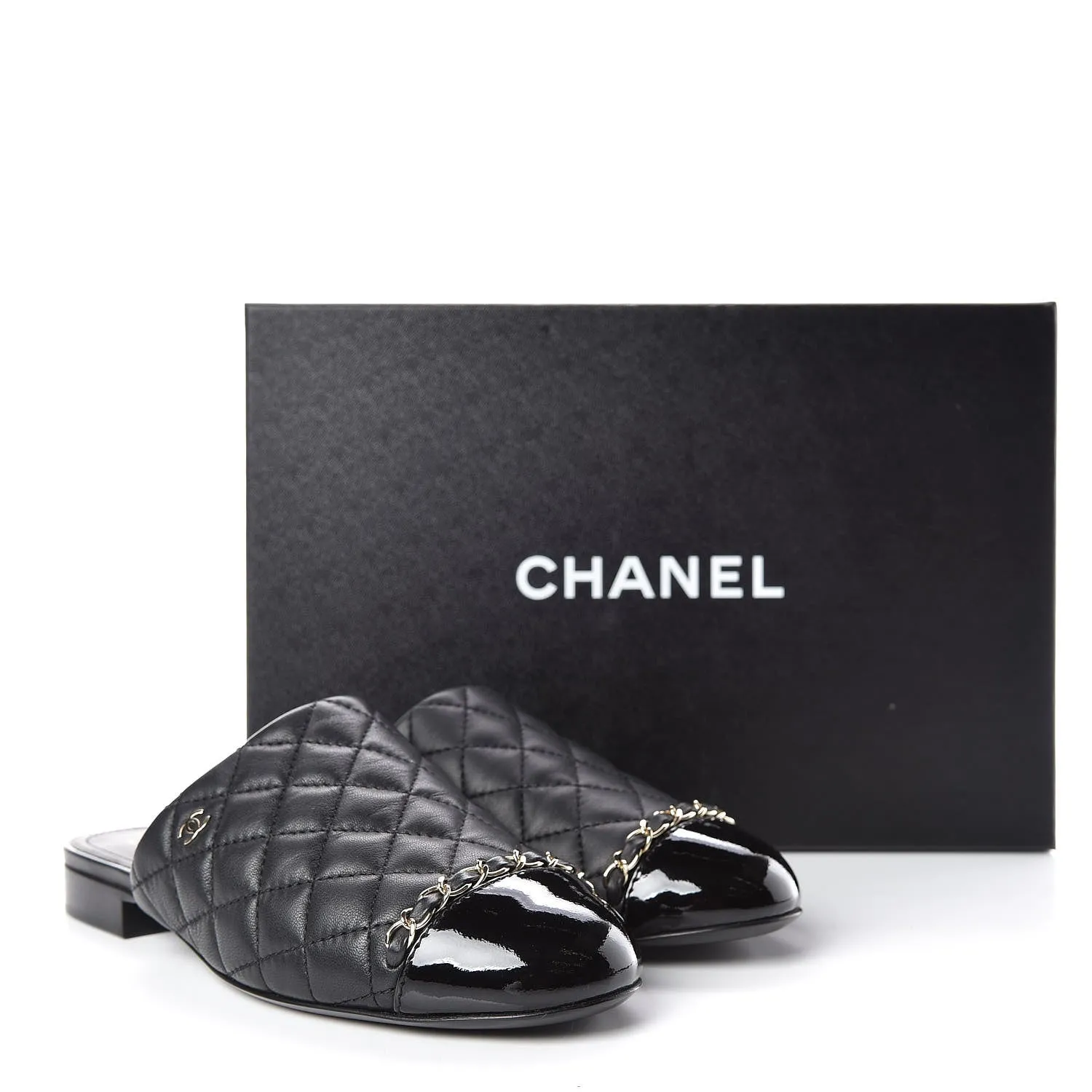 CHANEL LAMBSKIN QUILTED CHAIN MULES