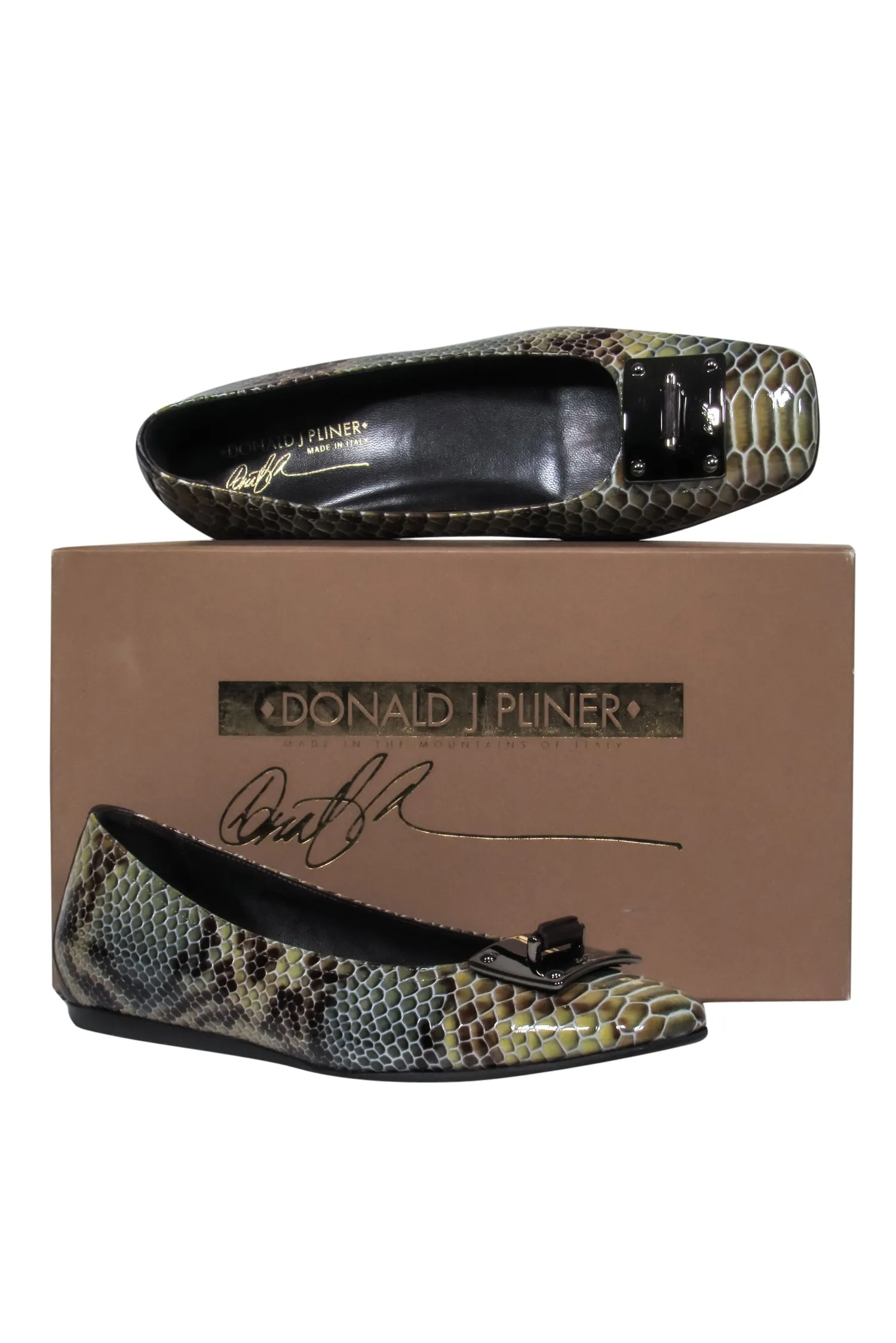 Donald J Pliner - Green & Brown Patent Leather Snakeskin Print Flats Sz 7.5