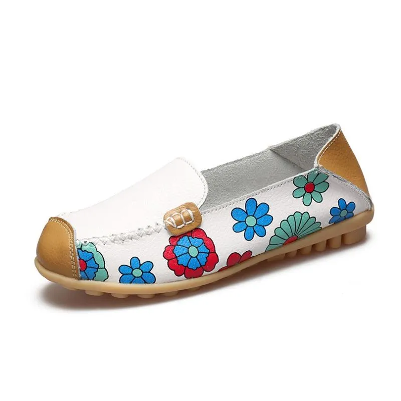 Flexible Leather Flower Print Comfy Flat Shoes