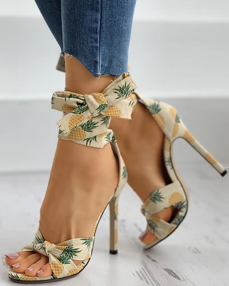 Fruit Print Twisted Detail Peep Toe Stiletto Heel