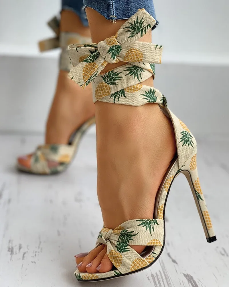 Fruit Print Twisted Detail Peep Toe Stiletto Heel