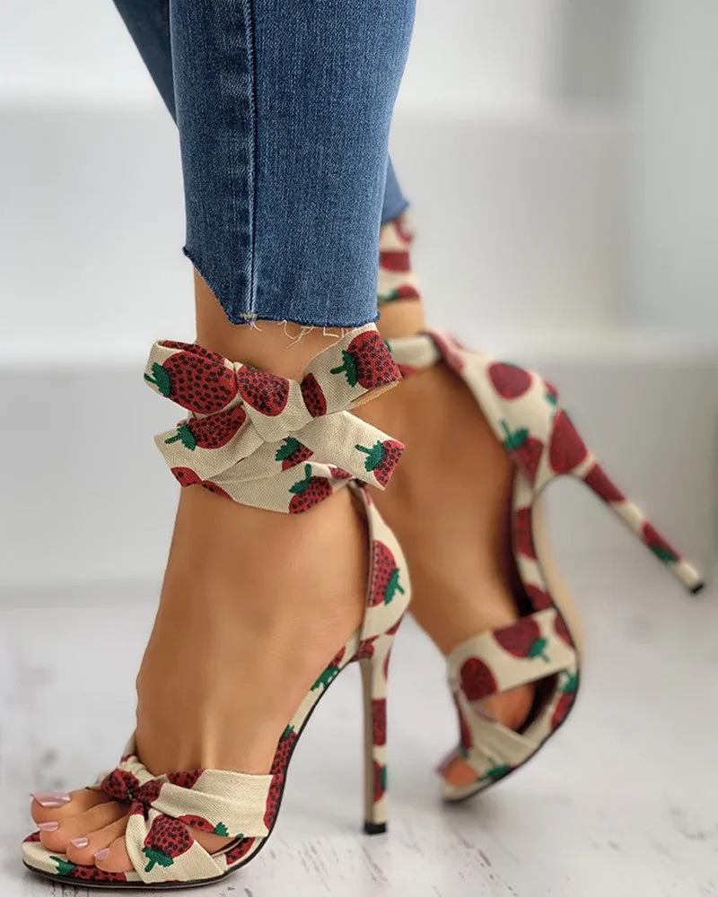 Fruit Print Twisted Detail Peep Toe Stiletto Heel