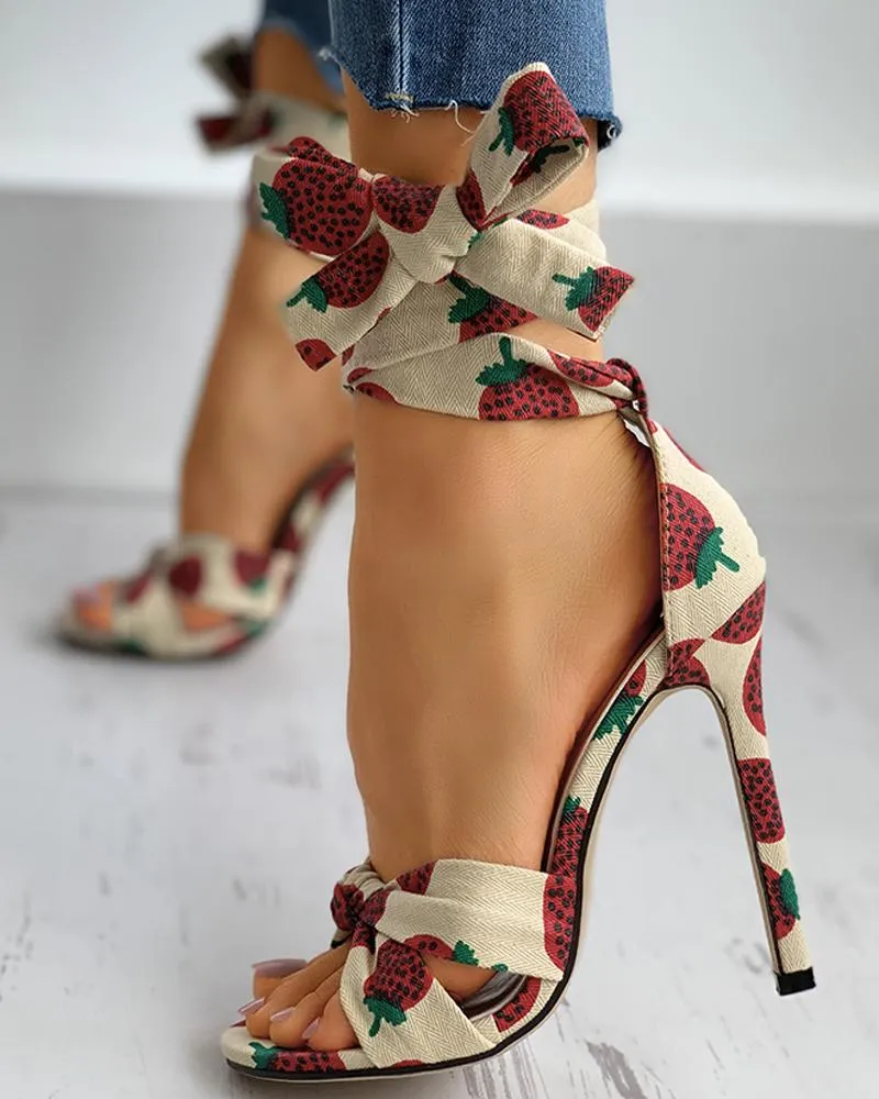 Fruit Print Twisted Detail Peep Toe Stiletto Heel