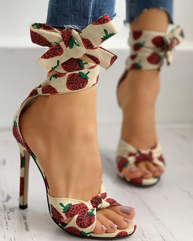 Fruit Print Twisted Detail Peep Toe Stiletto Heel