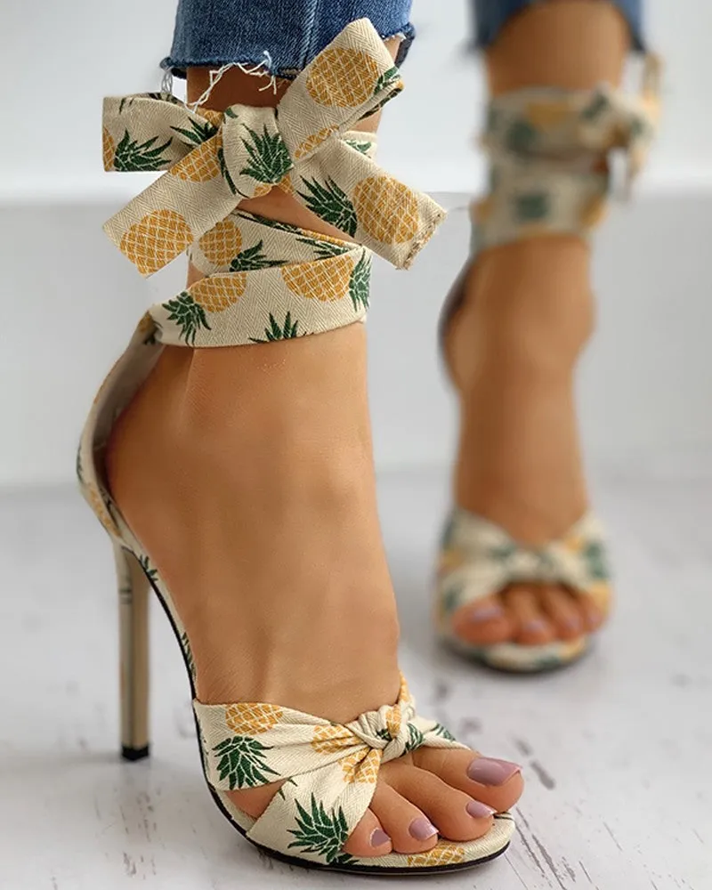 Fruit Print Twisted Detail Peep Toe Stiletto Heel