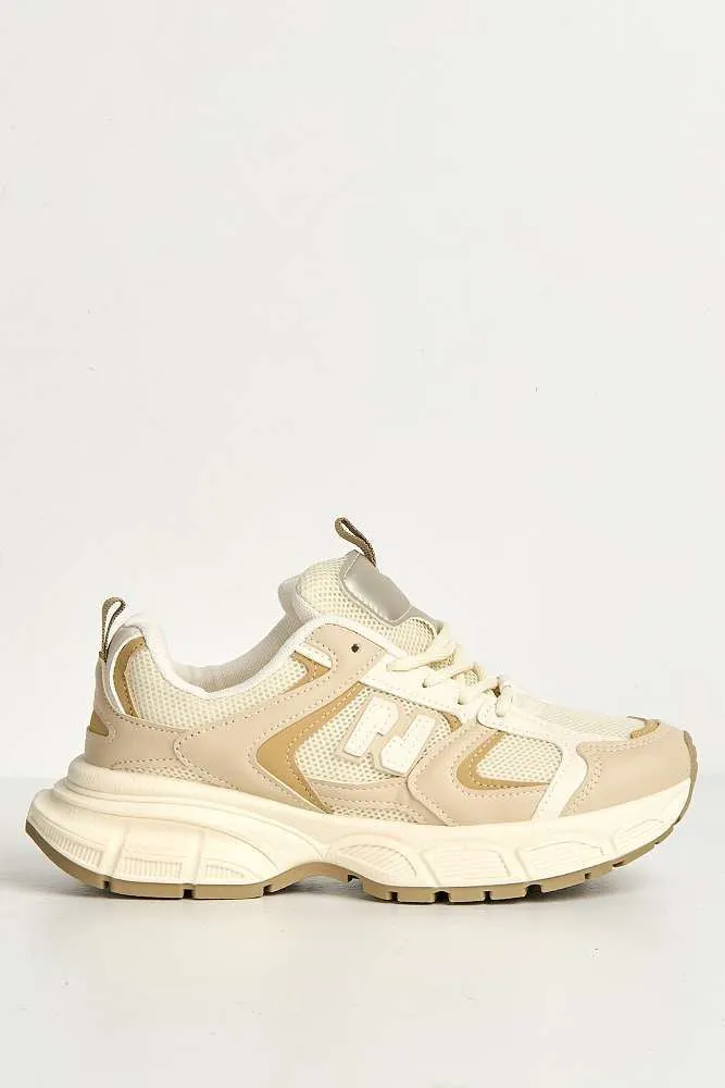 Nerva Stripe Panel N Lace Up Trainers in Beige