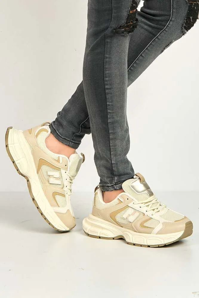 Nerva Stripe Panel N Lace Up Trainers in Beige