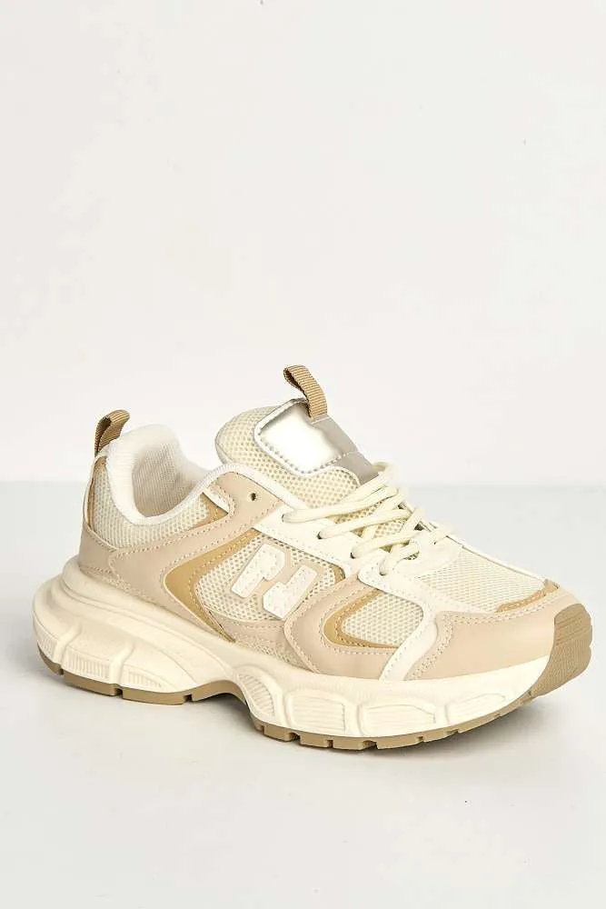 Nerva Stripe Panel N Lace Up Trainers in Beige