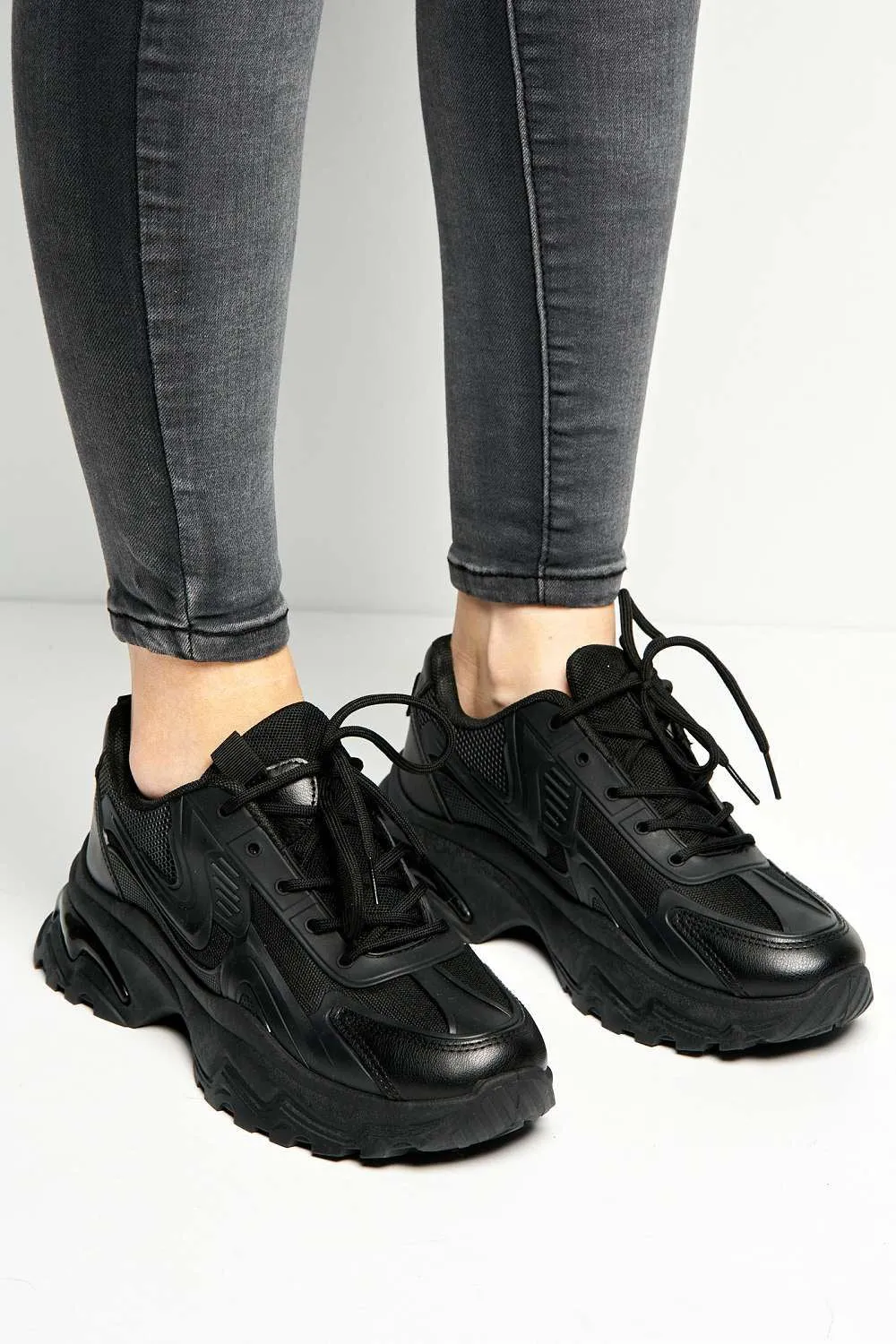 Yug Chunky Sole Lace-Up Trainers in Black