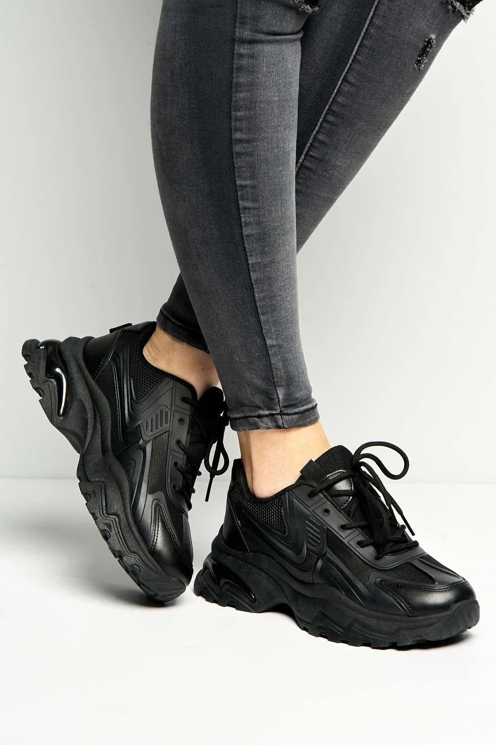 Yug Chunky Sole Lace-Up Trainers in Black